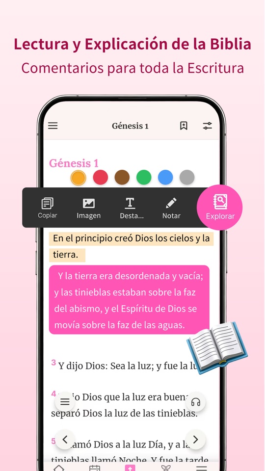 Pantalla de lectura bíblica con comentarios, subrayado, notas y herramientas de estudio