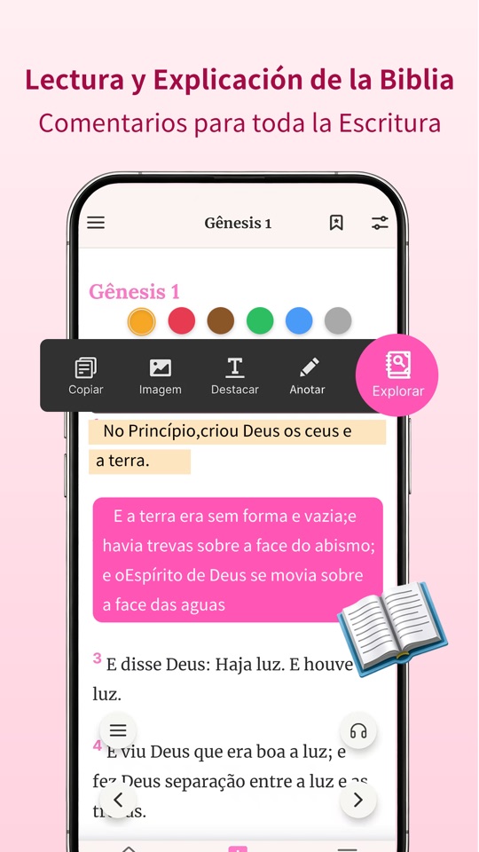 Tela de leitura bíblica com comentários, destaques, notas e ferramentas de estudo
